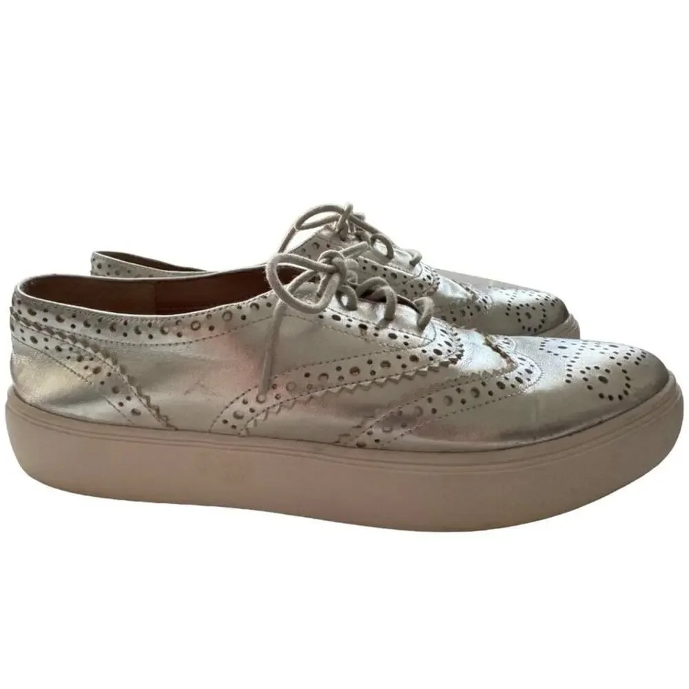 Franco Sarto Silver Oxford Sneakers Gold Wingtip Lace Up Almond Toe Academia 8